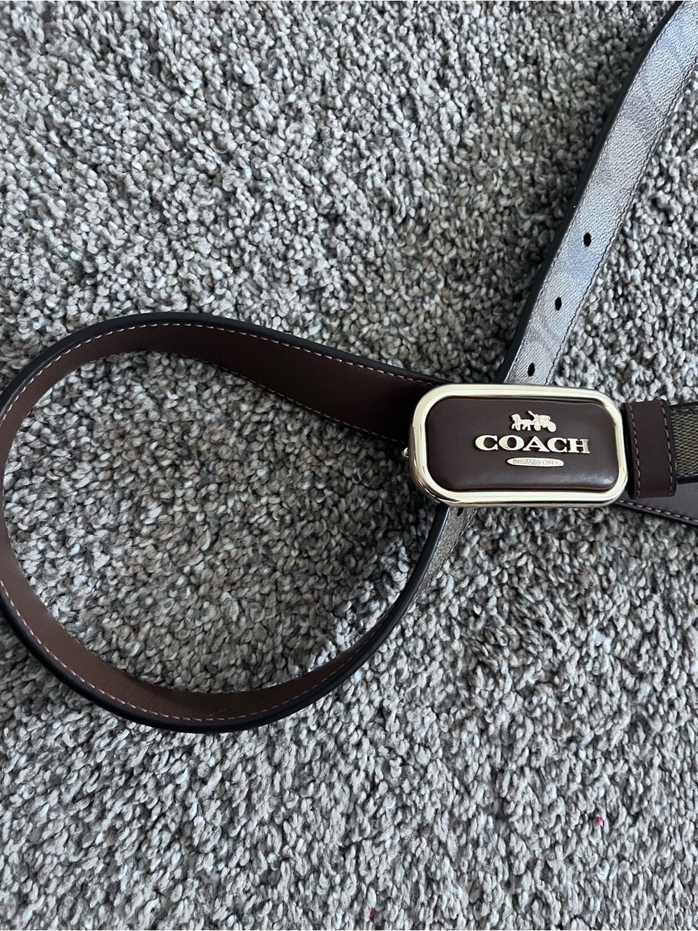 COACH Women’s Dark Brown Leather Belt with Gold-Tone Logo Buckle
